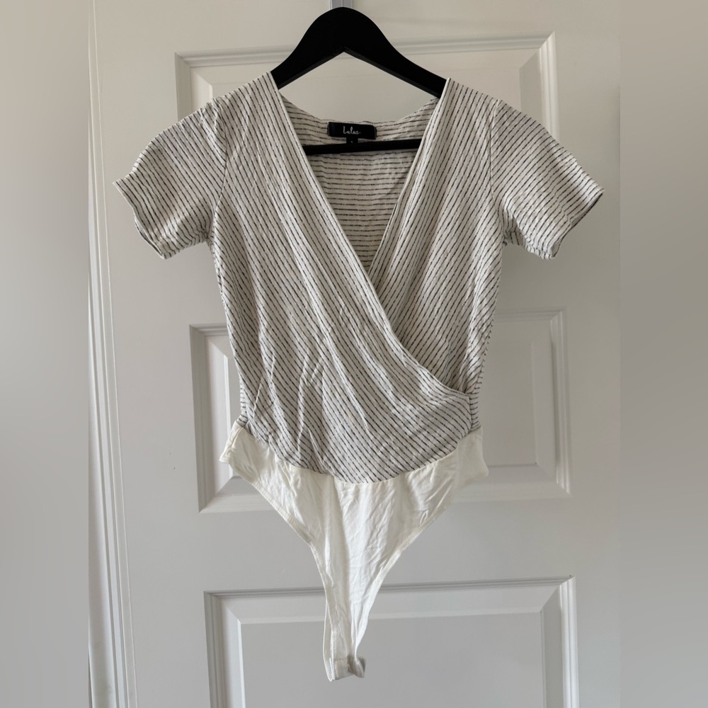 Lulu's Gray and white striped Wrap Bodysuit Short Sleeve